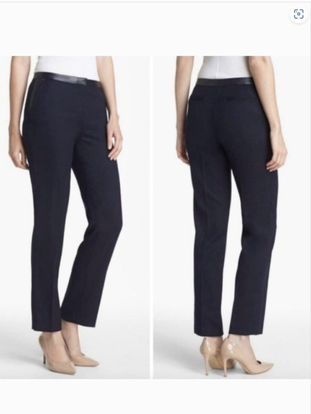 Tory Burch Christy Wool Blend Navy Trouser Pants Lambskin Leather Trim Size 4